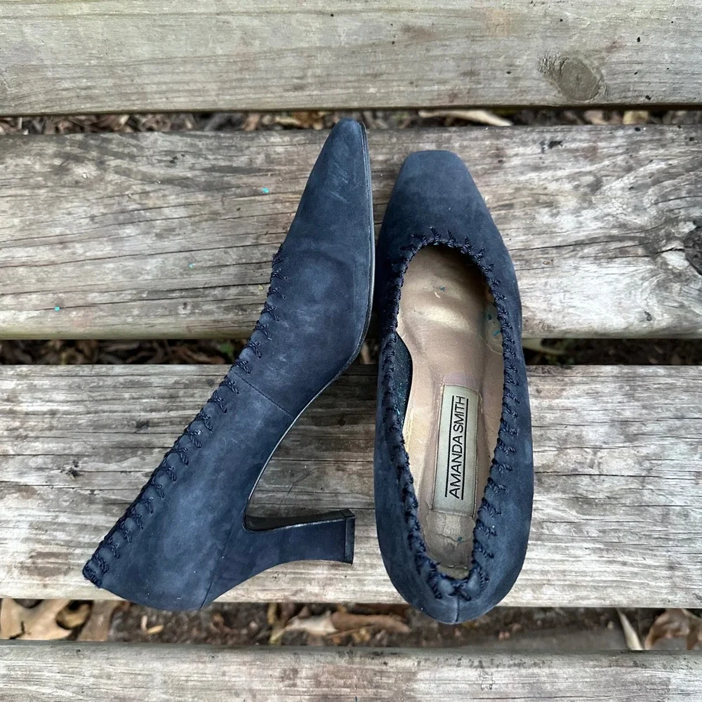 Vintage Amanda Smith Marilyn Kid Suede Pumps Pointed Toe Heels Navy Blue‎ Sz 9.5